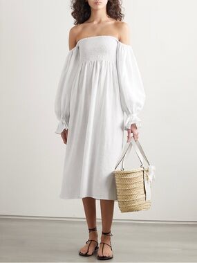 Sleeper - Atlanta Off-the-shoulder Shirred Linen Midi Dress - White